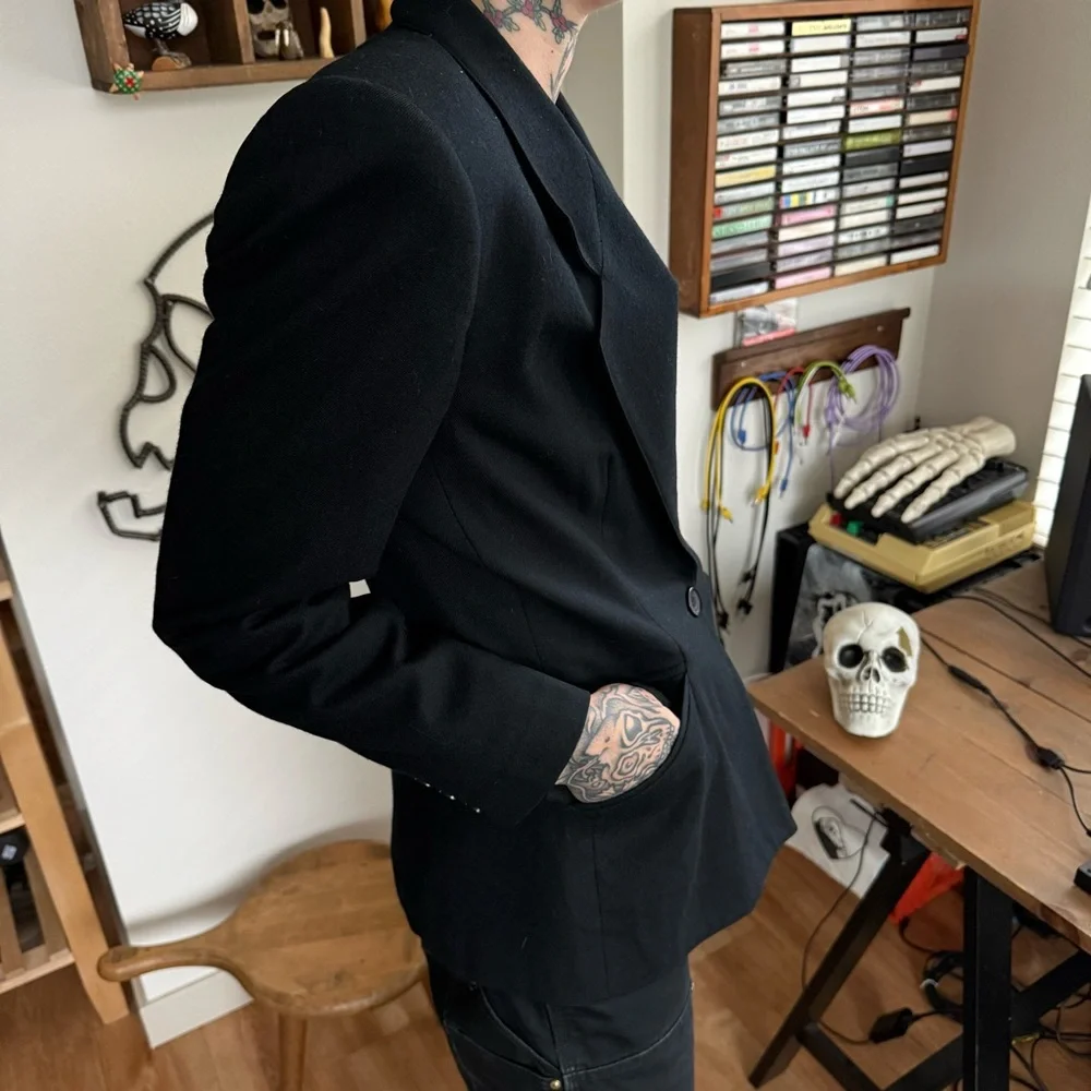 💀 SOLD 💀 Vintage 80s Black Worsted Wool Single Button Blazer by Prophecy ~ Small - Picture 3 of 8